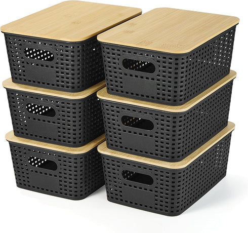 Plastic Storage Baskets with Bamboo Lid - 6 Pack Stackable Containers for Organizing Shelves, Drawers, Desktop, Office
