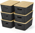 Plastic Storage Baskets with Bamboo Lid - 6 Pack Stackable Containers for Organizing Shelves, Drawers, Desktop, Office