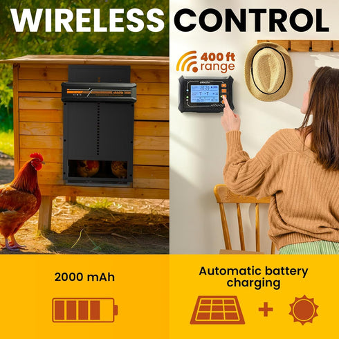 Anti-Pinch, 5-Year Wireless Automatic Chicken Coop Door Solar Powered LCD Display, Timer & Light Sensor All-Weather