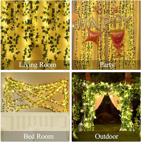 12 Packs 84FT 200 Artificial Ivy, Garland Hanging Plants Fake Vines with LED String Light for Bedroom Wedding Party
