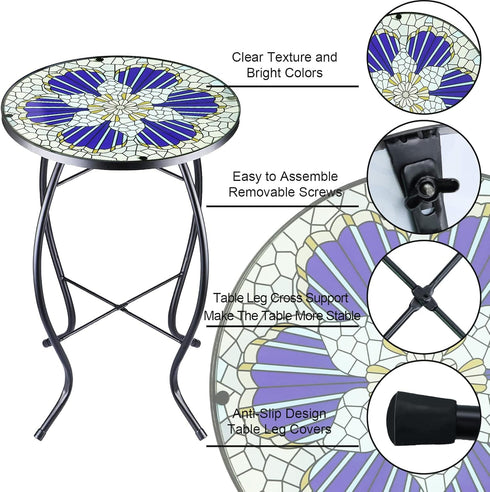 12 Inch Arbuxzuy Small Outdoor Side Table with Blue Morning Glory, Glass Mosaic Patio Table Indoor, Round Plant Coffee