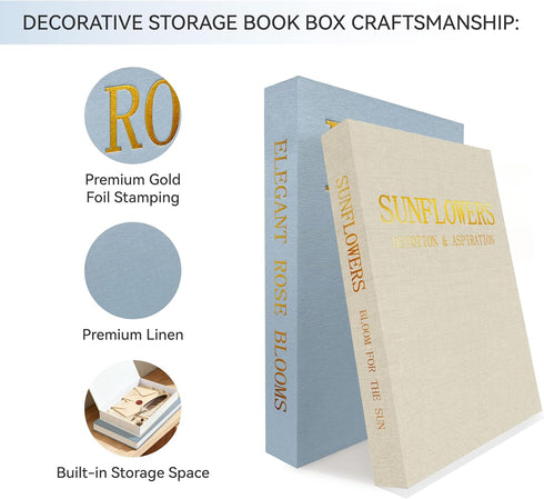 Set 2 Premium Linen Decorative Book Box of - Letter Gold Foil Embossed with Hidden Storage | Coffee Table, Bookshelf