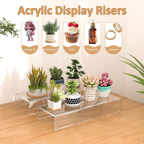 12x4.3x2 pack 2, 12 12x4.3x2 Inch Sezanrpt Acrylic Shelf Riser of Clear Display Shelf for Shoes, Glasses, Plants, Home