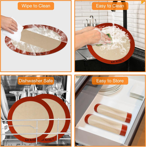 Round Silicone Baking Mats Set of 2, Non-Stick Reusable Heat Resistant Baking Sheets for Pizza Cake
