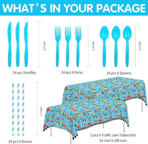Xigejob 24 Traffic Jam Cars Trucks Transportation Birthday Party Supplies Dinnerware, Plate, Cup, Napkin, Tablecloth