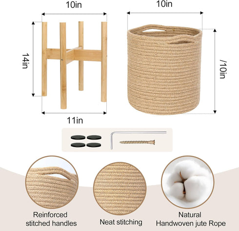 WILLITAT Plant Basket with Stand, Indoor Round Wicker Basket Plant with Bamboo Wood Stand, Decorative Woven Rope Flower
