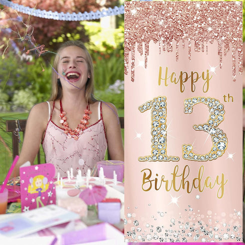 Happy 13th Birthday Door Banner Backdrop Decorations for Girls, Pink Rose Gold 13 Birthday Party Supplies