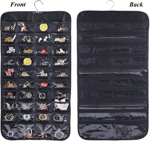 Cemueo Hanging Jewelry Organizer, Double Sided 80 Pocket Jewelry Storage Bag, 2 Layer Fabric Holder for Necklace,