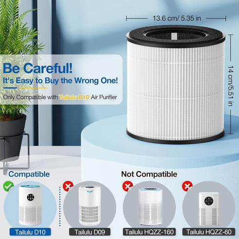 D10 Replacement Filter for Tailulu D10 HEPA Air Purifier, 3-in-1 H13 Grade, 2 Pack