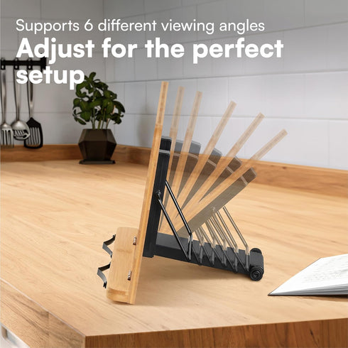 H&S Bamboo Recipe Book Holder - Foldable & Portable Cookbook Stand for Desk or Kitchen