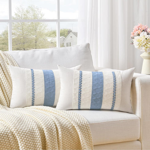 Fancy Homi Set of 2 Boho Light Blue Lumbar Decorative Throw Pillow Cover 12x20