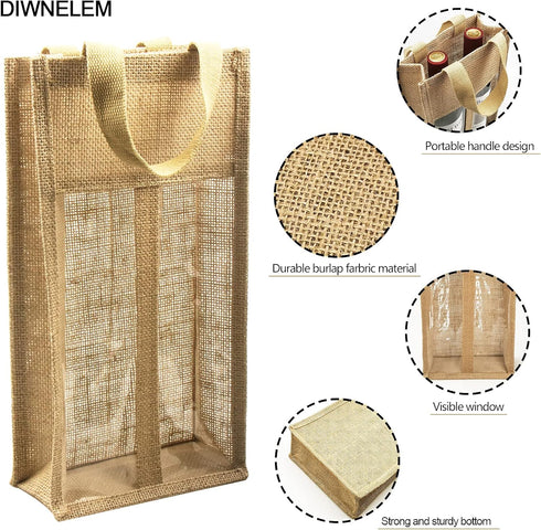 DIWNELEM 1 Pack Burlap Wine Gift Bags, Double Window Two Bottles Jute Bag for Wedding, Party Favors, Christmas