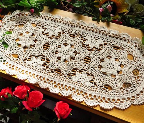 Laivigo Handmade Crochet Lace Oval Lucky Flower Tablecloth Table Runner Doilies, 12x24 Inch, Beige