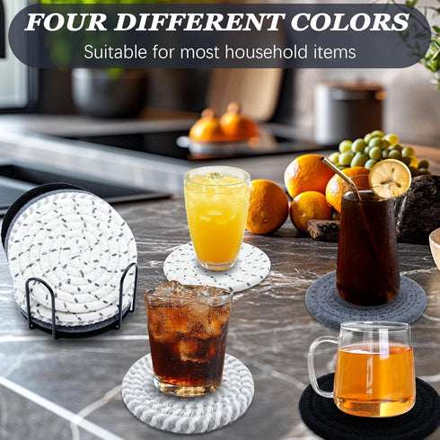MIAOMIAO 8 Set, 4 4.3 Inches Pcs Drink Coasters with Holder, Minimalist Cotton Woven Coaster Colors Absorbent Coaster