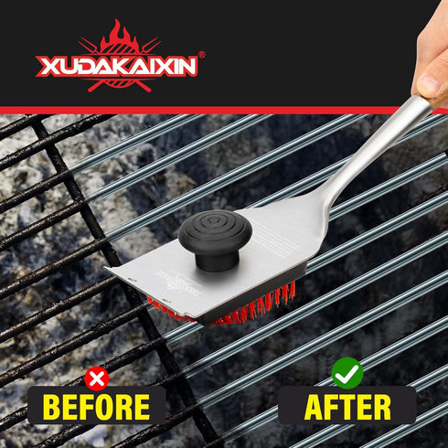 XUDAKAIXIN Nylon Grill Brush, Dual Grip Design, with Extended Luxurious Acacia Wood Handle, Safe Nylon Bristles