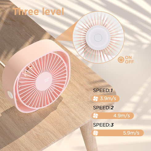 EasyAcc USB Desk Fan (Pink), 3 Speeds Mini USB Fan, 360° Rotatable Personal Desktop Table Fan for Home, Office