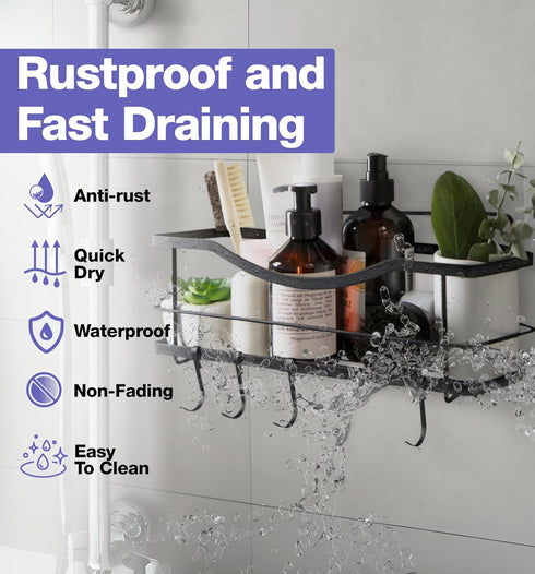 KINCMAX 4 Premium Shower Caddy - Self Adhesive Shower Shelf with Hooks - No Drill Large Capacity Stainless Steel Rack