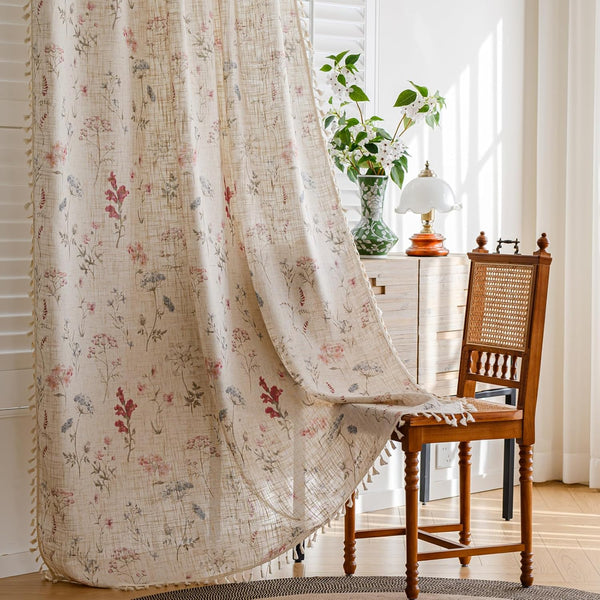 RoomTalks Boho Farmhouse Living Room Curtain Privacy Linen Fabric, Cute Vintage Floral Botanical