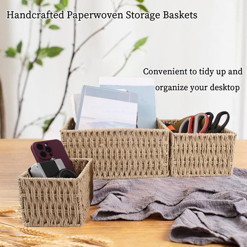 Paper Woven Storage Baskets with Iron Frame, Set of 3 Desk Organizers