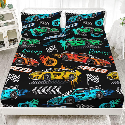 Set 2 Sets. HOSIMA Cartoon Sports Car Bedding - Queen Size, Fast and Furious Racing Car Pattern with Pillowcases, Black