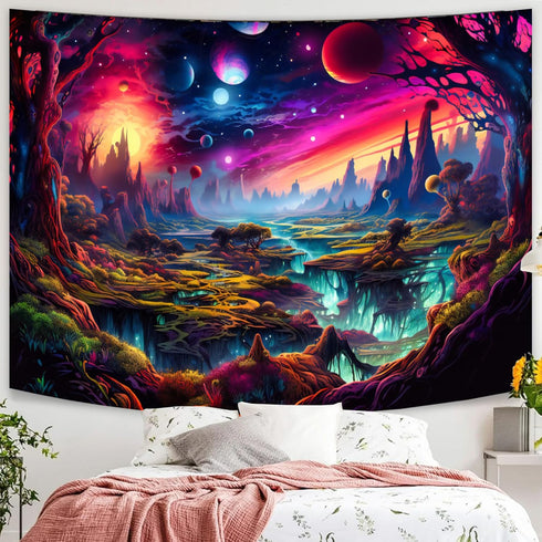Simpkeely Fantasy Planet Tapestry, Blacklight Forest Natural Landscape Wall Hanging, UV Reactive Sunset Trees for