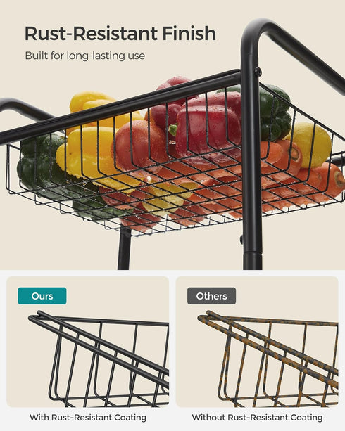 SONGMICS 3-Tier Metal Rolling Cart with Baskets, Lockable Utility Trolley on Wheels for Kitchen Bathroom Closet, Black