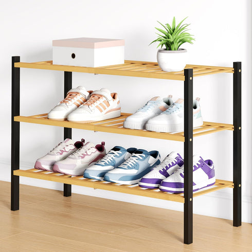 Closet, 3 Smiry Bamboo Shoe Rack for Tier Wooden Stackable Shoe Organizer, Free Standing Shoes Storage Shelf