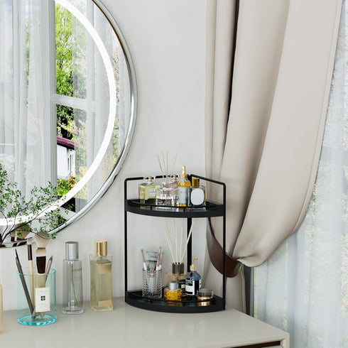 Counter 2 (Black-2 Corner Bathroom Organizer, Tier Wood Vanity Storage, Waterproof Skincare Shelf for Kitchen