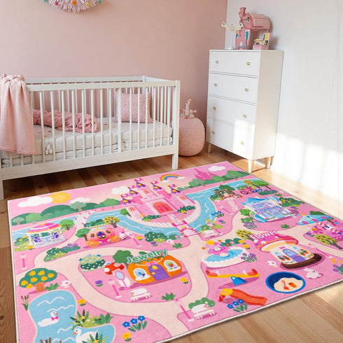 3x4ft Pink Kids Rug for Playroom, Castle Design Bedroom Carpet, Ultra Soft Short Pile Toddler Play Mat, Machine