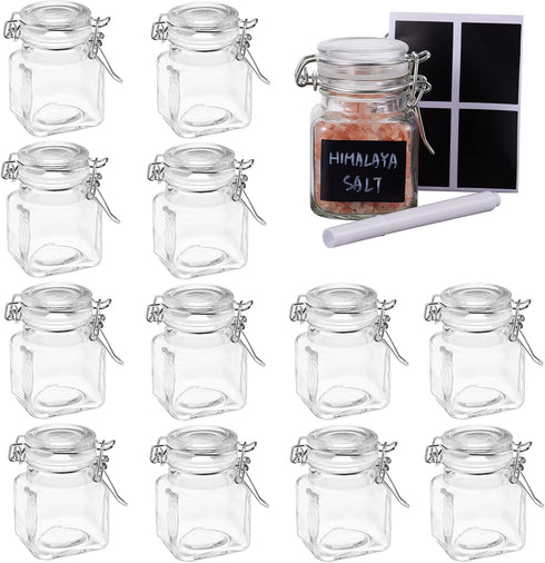 Oak & Steel 12 Pack 3.4oz Small Airtight Glass Spice Jars with Lids, 24 Labels & Chalk Pen