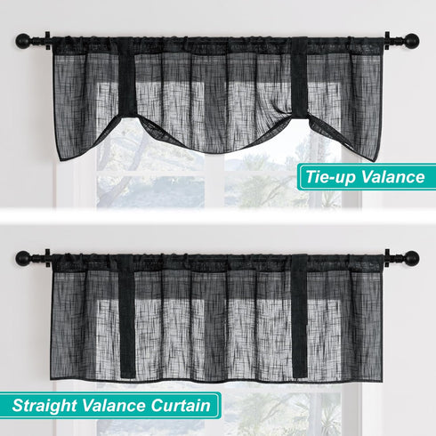 Home Queen Linen Look Tie Up Valance Curtain, Semi Sheer Balloon Valence for Living Room and Bedroom, Black