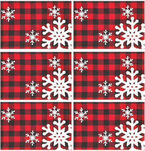 Christmas Red Plaid Snowflake Placemats, Set of 6, Heat-Resistant, Washable Table Mats for Kitchen Dining Decoration
