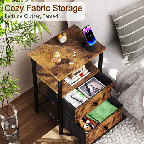 2 HETS002BR-1 LOAKEKEL Night Stand, Nightstand with Fabric Drawers for Bedroom, Small End Table with Open Storage