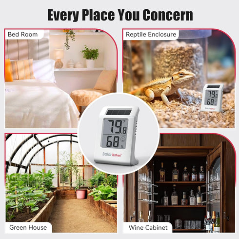 2.2'' 1Pack BaldrTherm Digital Thermometer and Hygrometer Meter, Solar-Powered Indoor Temperature Sensor Humidity
