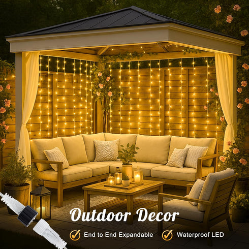 HEYFUNi 304 LED Curtain Lights Outdoor, 9.8Ft*9.8Ft Plug-in Hanging String Lights with 8 Modes for Decor