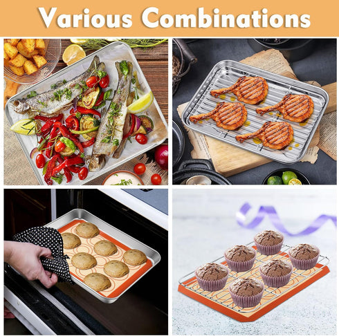 Mini Toaster Oven Pan Set, P&P CHEF 9 Inch Stainless Steel Tray with Rack & Silicone Mat for Small Oven, 3Pcs
