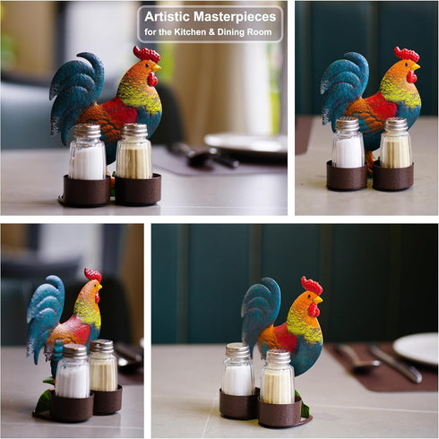 Vintage Metal Rooster Holder Caddy for Spices and Seasonings - Rooster Salt and Pepper Shakers Set, Two Glass Shakers