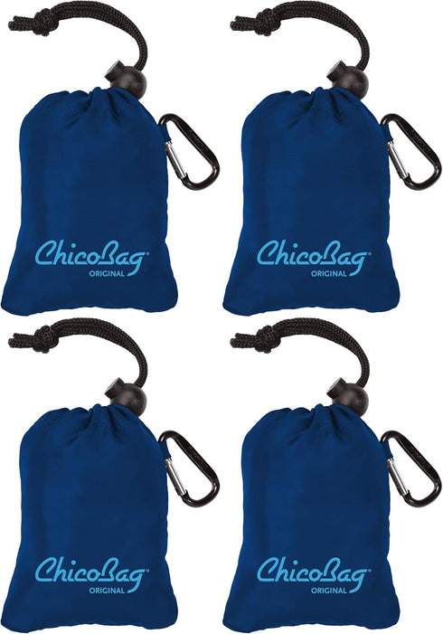 ChicoBag Original Compact Reusable Grocery Bag with Attached Pouch and Carabiner Clip - 4 Pack Blue