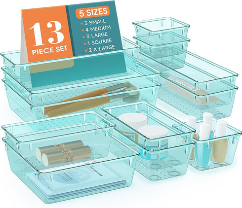 WOWBOX 13 PCS Plastic Drawer Organizer Set, 5 Sizes for Makeup, Jewelry, Gadgets, Kitchen, Bedroom, Office
