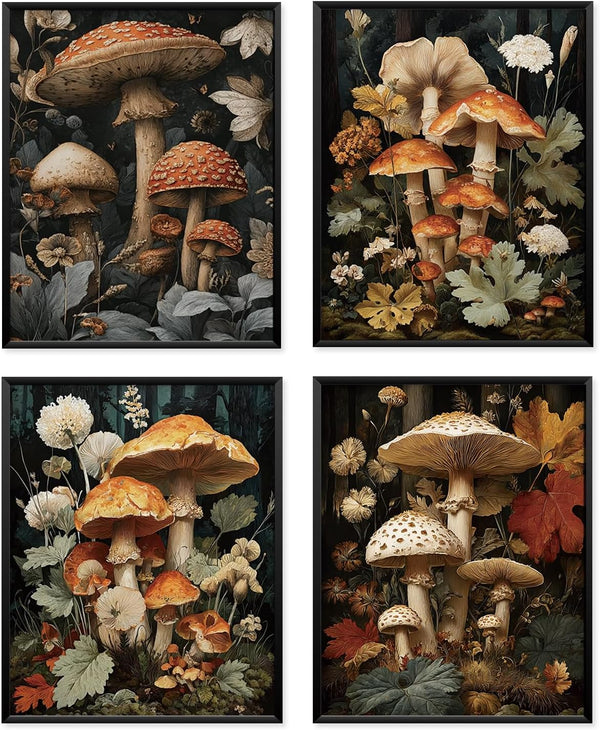Locomiss Vintage Botanical Mushroom Cottagecore Wall Art Decor, Dark Gothic Cottagecore Whimsical Mushroom