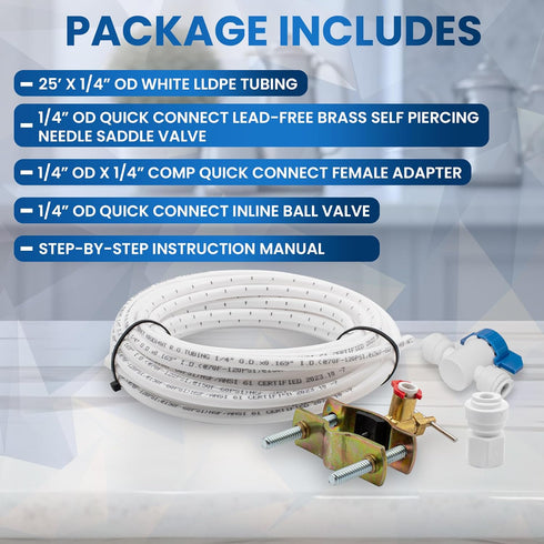 25 FT Refrigerator Water Line Kit for Ice Maker, Freezer, Humidifier, Water Filtration System with Quick Connect Valve