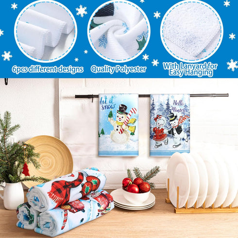 6 FuWeave Pcs Hello Winter Kitchen Towels Snowman Dish Blue Snowflake Tea Christmas Absorbent Hand Drying Towels Let it