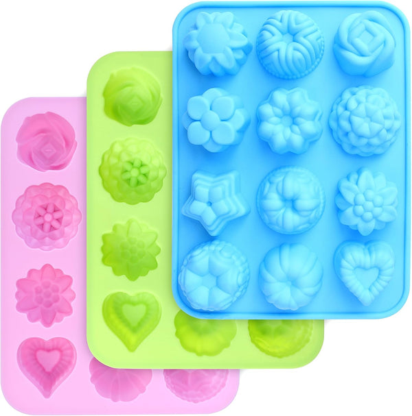 homEdge Food Grade Silicone Flowers Molds, 3-Pack Non-Stick Baking Pan for Chocolate, Candy, Jelly, Muffin