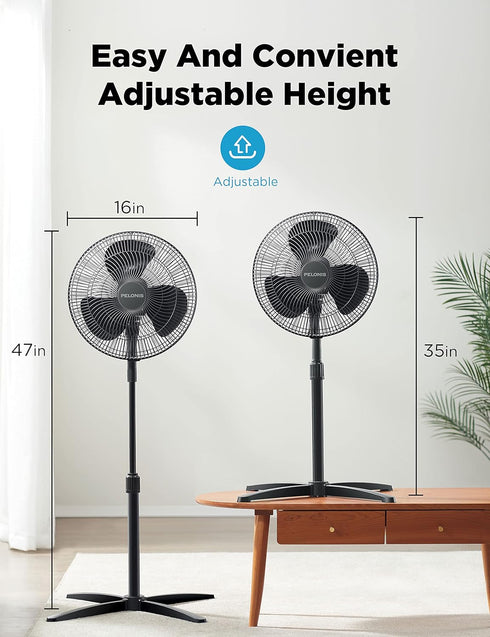 PELONIS Portable 16 Inch Pedestal Fan, 3-Speed, 90° Oscillation, Adjustable Height, Standing Floor Fan for Home, Black