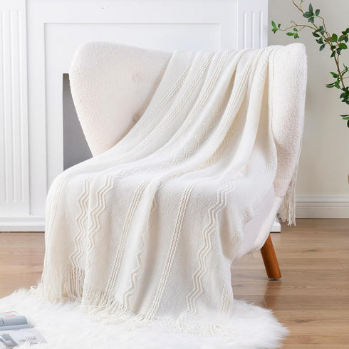 BATTILO HOME Boho Cream Throw Blanket for Couch, Decorative White Blanket Throw for Sofa Living Room, 50"x60"