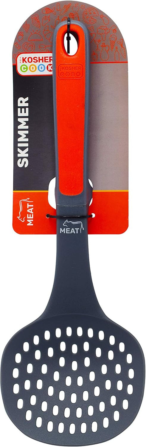 Meat Red Slotted Skimmer Spoon - Non Stick Silicone Strainer for Soups, Stews, Gravy, Comfortable Handle