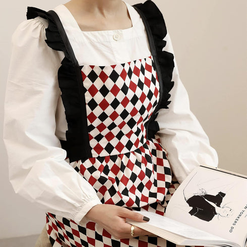 Violet Mist Cotton Linen Apron, Women Cross Back Apron with Pockets, Vintage Black and Red Argyle Pinafore Dress
