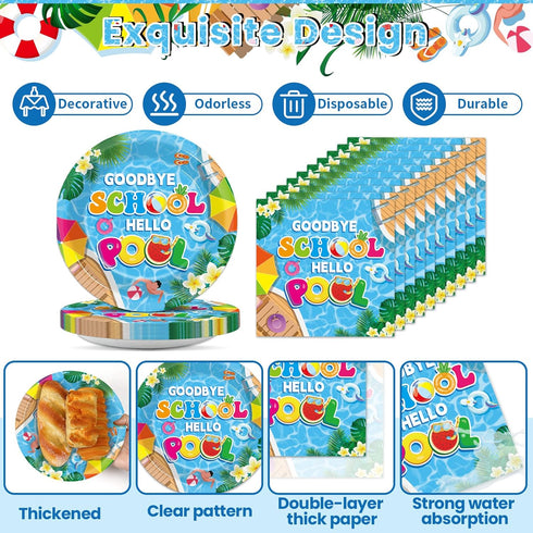 Set Summer 24 Goodbye School Hello Pool Tableware for Kids Class End of Schools Year Theme Supplies School's Out Plates