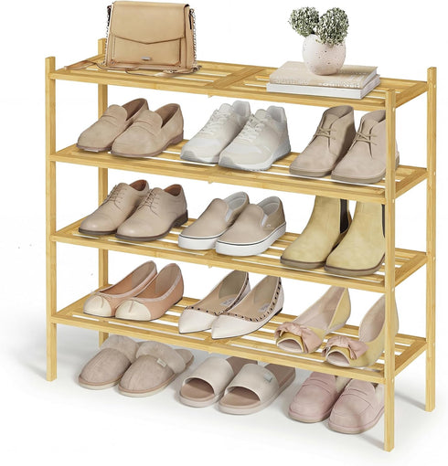 SONGMICS Bamboo Shoe Rack for Closet, Stackable Shoe Oragnizer with Modular Structure,