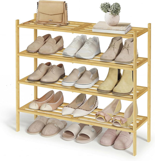 SONGMICS Bamboo Shoe Rack for Closet, Stackable Shoe Oragnizer with Modular Structure,
